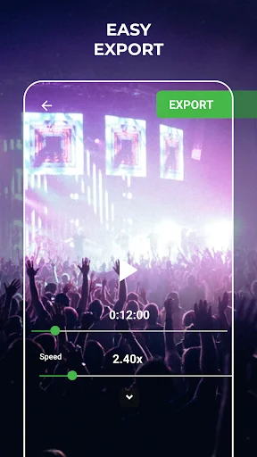Concert video editor with playback speed adjustment at 2.40x, slow motion capability, easy export feature available
