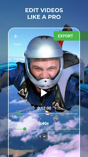 Professional video editor with skydiver slow motion footage, adjustable speed control at 2.40x with export button