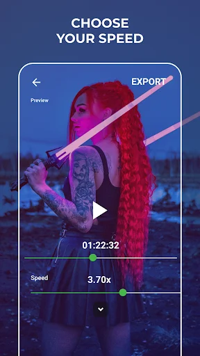 Video slow motion editor with speed adjustment interface set to 3.70x playback speed for custom editing capabilities
