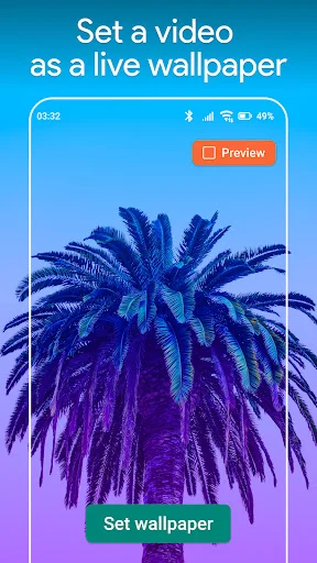 Live wallpaper setup screen displaying animated blue palm tree video preview with orange Preview button and green Set Wallpaper button for personalization