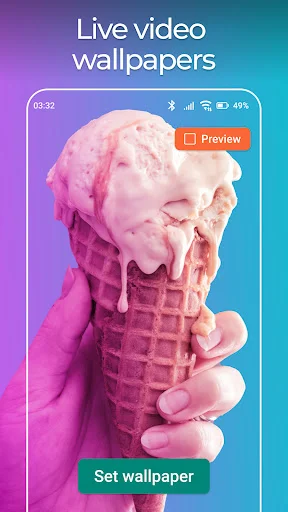 Live video wallpaper preview of ice cream cone video with Preview button and Set Wallpaper button to apply animated wallpaper to device