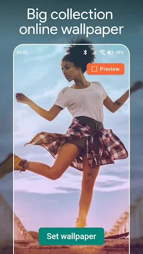 Live wallpaper preview showing woman dancing outdoors with sky background, featuring Preview option and Set Wallpaper button for personalization