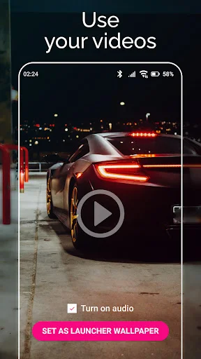 Use your own videos feature displaying car video with play button overlay, audio toggle, and Set As Launcher Wallpaper button for custom content