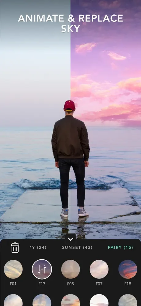 Person standing on beach with animated sky replacement options displaying filter presets for live photo animation effects