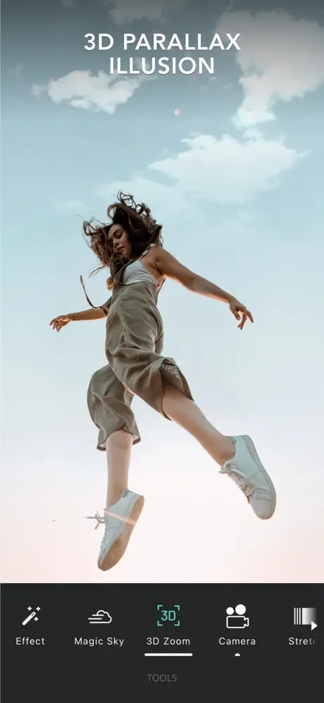 Woman mid-air demonstrating 3D parallax illusion with animation tools including Magic Sky, 3D Zoom, and editing options