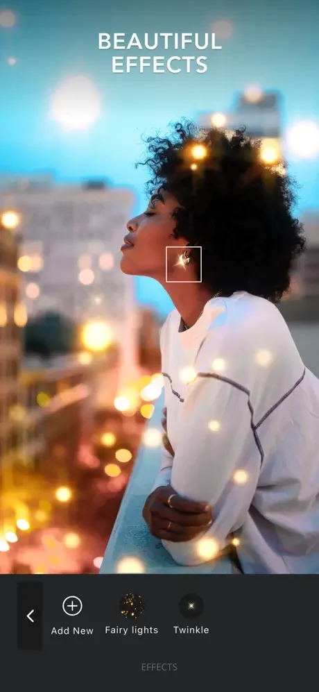 Woman's profile with glowing fairy lights and twinkle particle effects, customizable visual effects for photo animation
