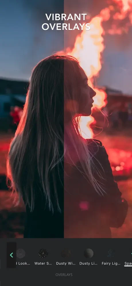 Before and after split-screen showing woman with vibrant fire overlay effect and preset overlay categories for styling