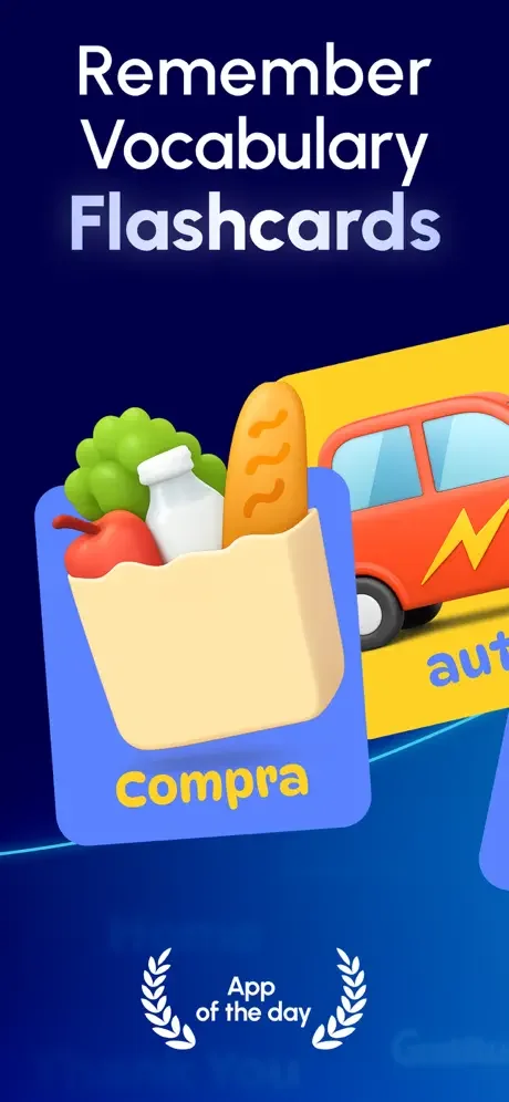 Remember Vocabulary Flashcards app title with colorful illustrations showing shopping theme, groceries, and App of the Day award badges