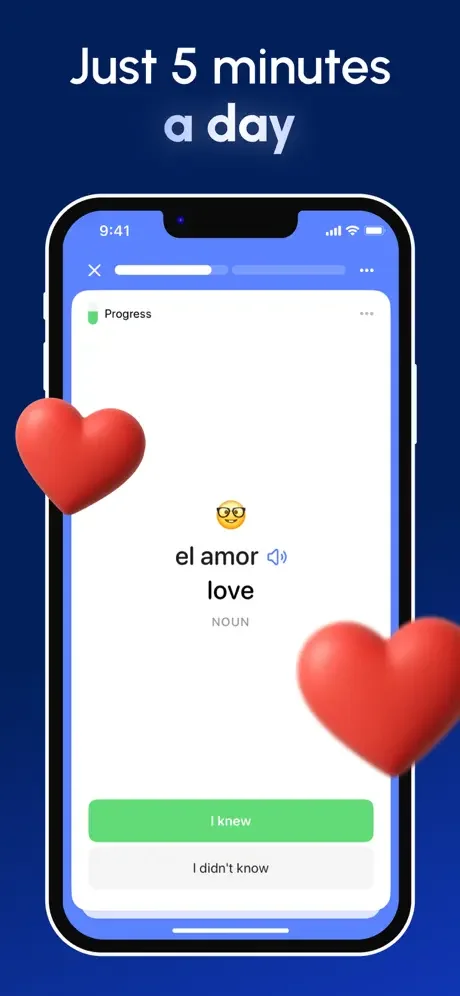 Flashcard study session showing Spanish word 'el amor' with pronunciation, heart icons, and knowledge assessment buttons