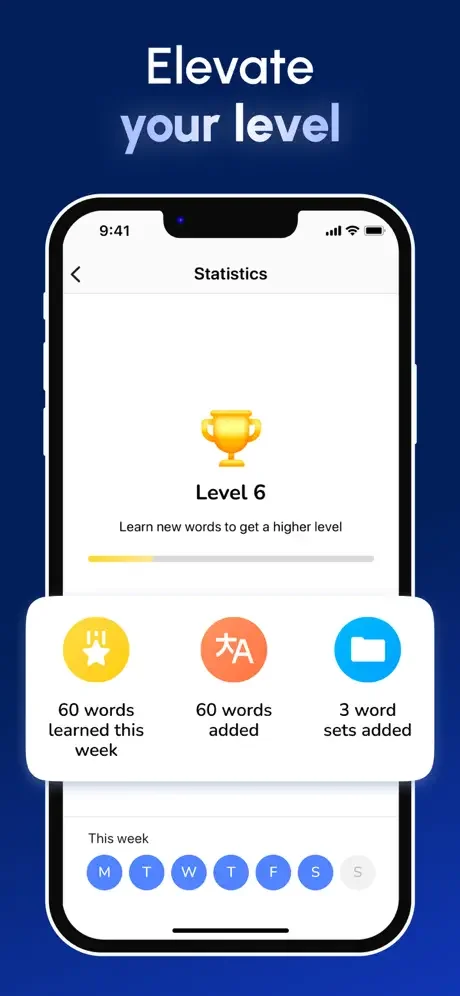 Statistics dashboard displaying achievement level 6, trophy icon, and weekly vocabulary learning progress metrics