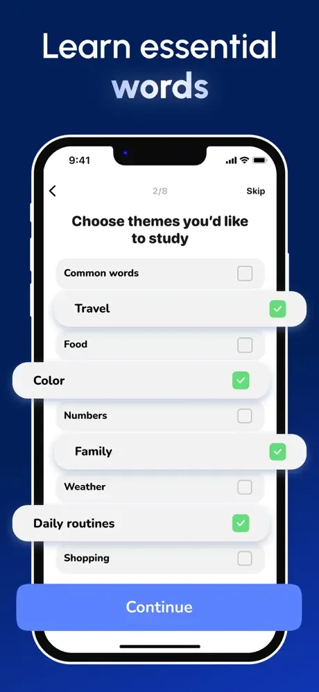 Theme selection screen with vocabulary categories including Travel, Color, Family, Daily routines, and other customizable study topics