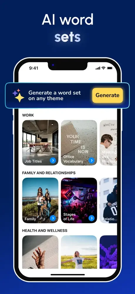 AI word set generator feature organizing vocabulary by themed categories such as Work, Family relationships, and Health wellness