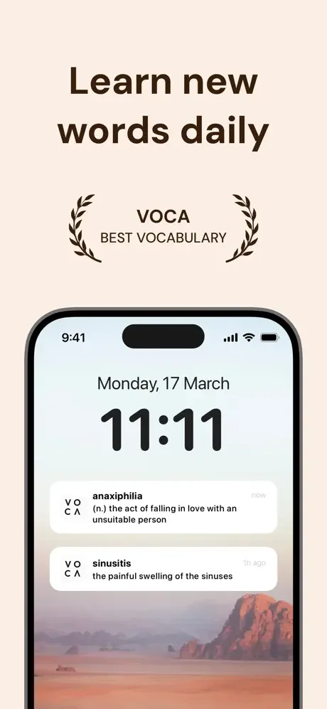 Voca lock screen widget displaying daily vocabulary words with definitions - anaxiphilia and sinusitis shown with examples