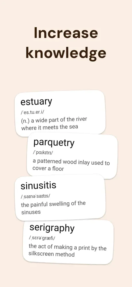 Educational vocabulary cards showing word definitions with pronunciations - estuary, parquetry, sinusitis, serigraphy listed
