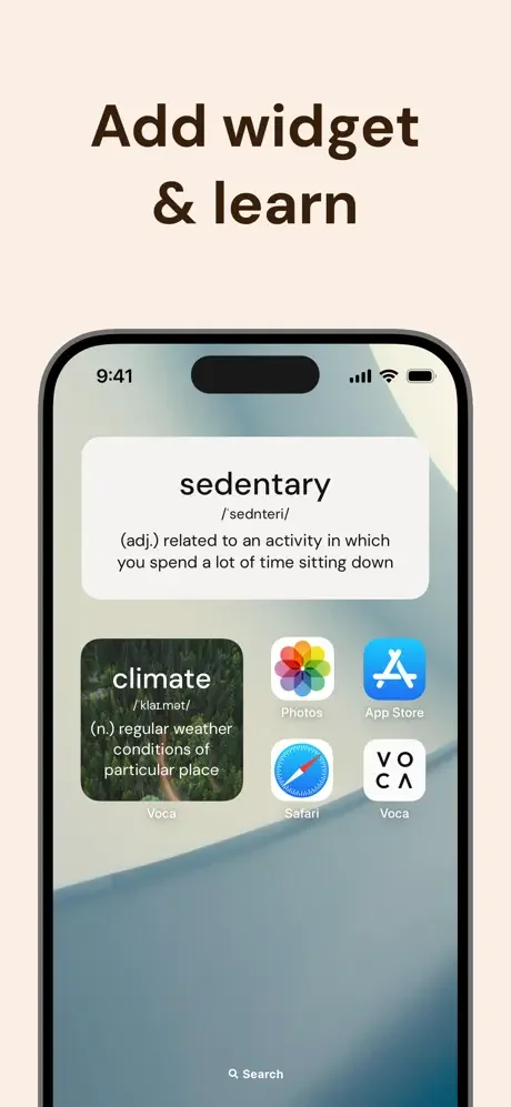 Voca home screen widget showing 'sedentary' vocabulary word with app icons and search functionality for quick access