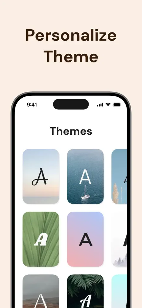 Voca theme customization screen displaying various personalized background designs and typography options for app interface
