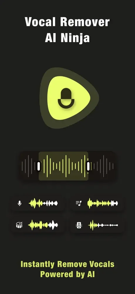 Vocal Remover AI Ninja app home screen with microphone icon and audio waveforms for removing vocals and creating karaoke tracks