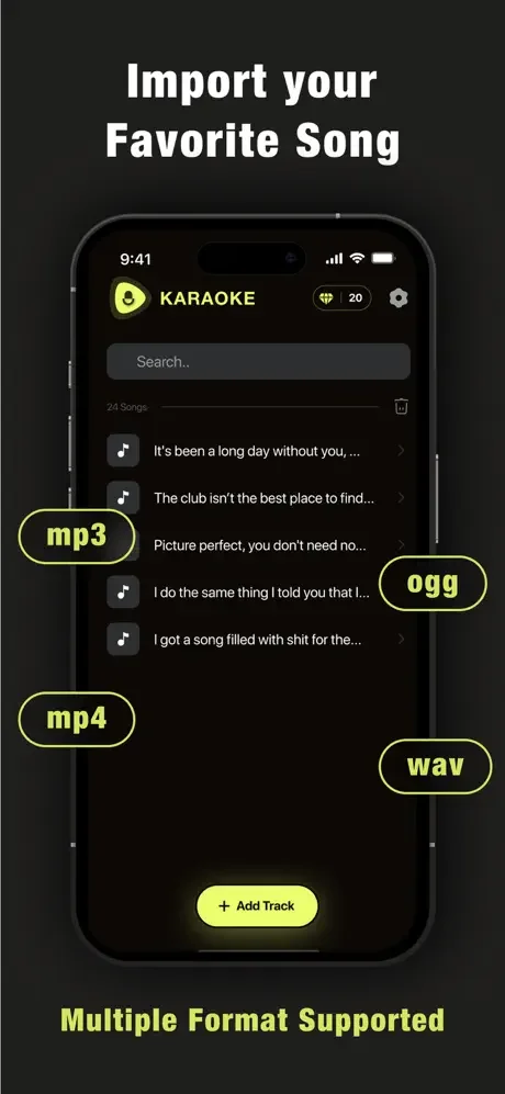 Song import screen showing multiple audio formats (MP3, OGG, MP4, WAV) with track list and add button for karaoke processing