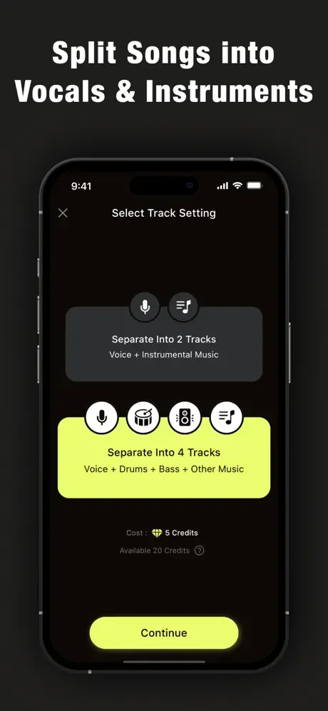 Audio separation options screen with 2-track and 4-track vocal/instrumental splitting settings and 5-credit cost