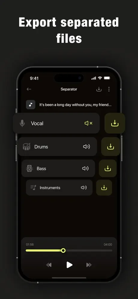 Export screen displaying separated vocal, drums, bass, and instrument tracks with individual download buttons and player
