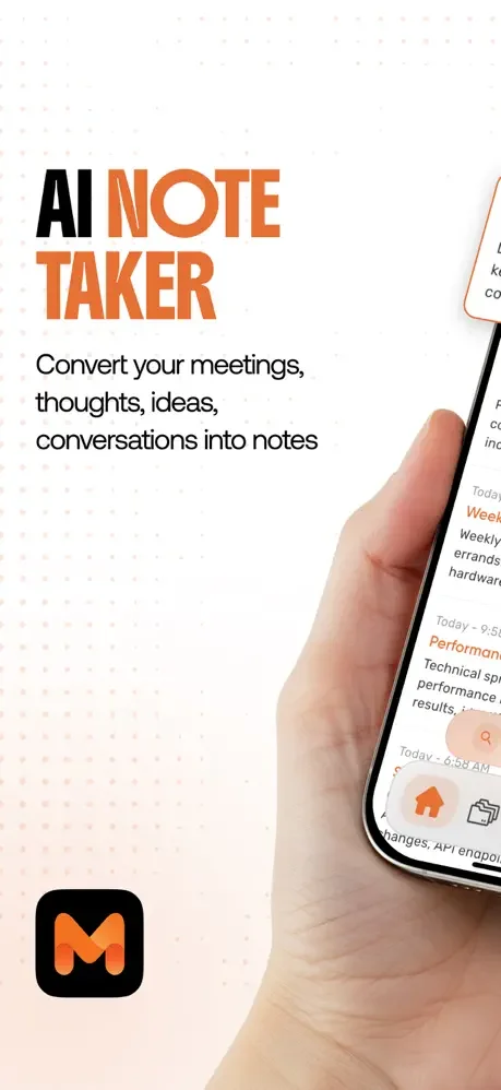 AI Note Taker app onboarding screen showing voice-to-meeting notes conversion with smartphone interface preview and app logo