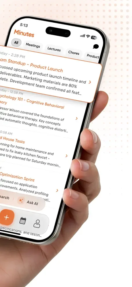 Minutes app main notes list with category filters (All, Meetings, Lectures, Chores, Product) for organizing recorded conversations