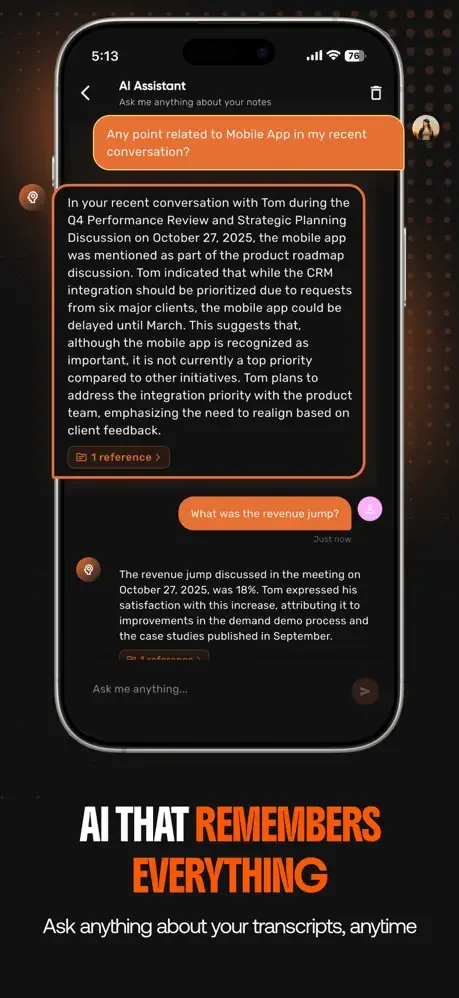 AI Assistant chatbot interface answering questions about meeting transcripts with detailed conversation analysis and references