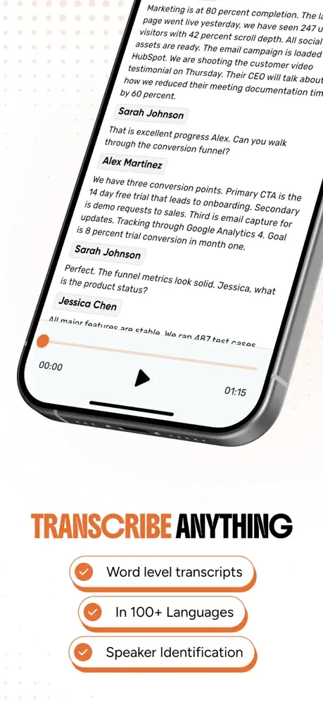 Transcription feature displaying audio playback with word-level transcripts, 100+ language support, and speaker identification