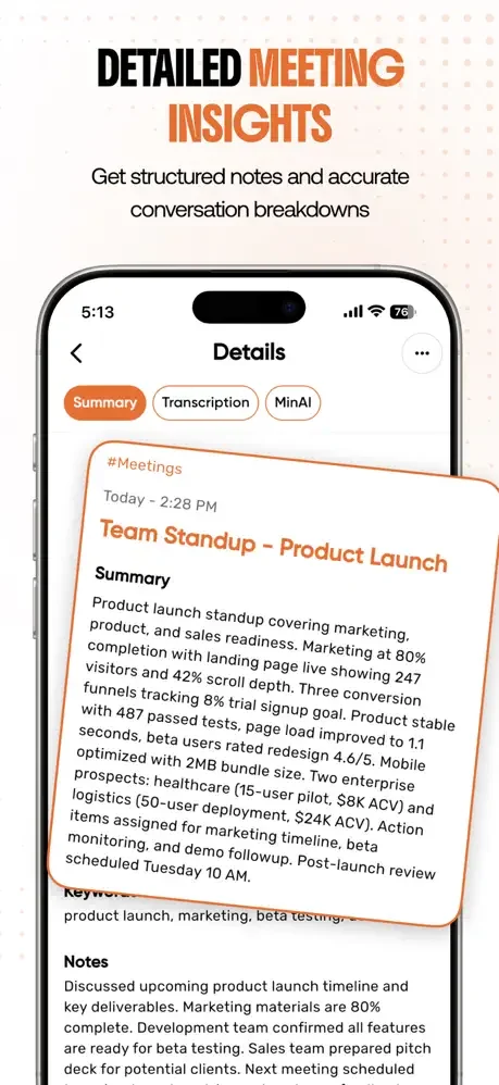 Meeting insights summary view with tabs for Summary, Transcription, and MinAI showing structured notes and discussion breakdown