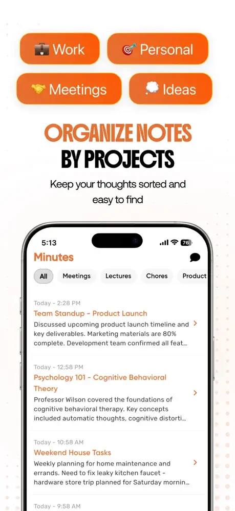 Note organization interface with Work, Personal, Meetings, and Ideas project categories for categorizing voice-recorded notes