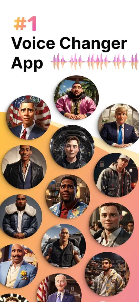 #1 Voice Changer App display with multiple character voice avatars on colorful gradient background with waveform graphic