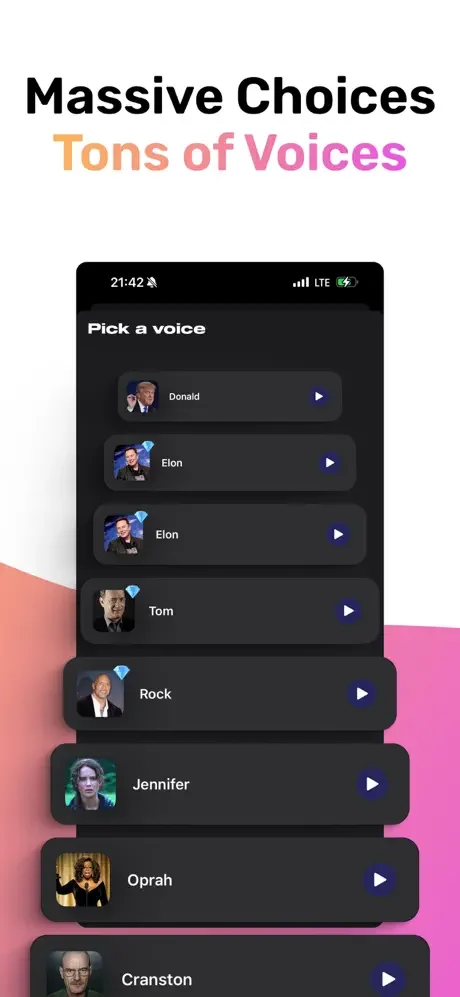 'Massive Choices Tons of Voices' interface showing multiple AI voice character options with play buttons for selection on mobile