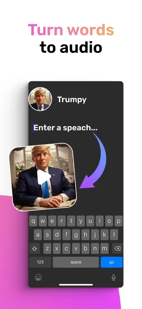 'Turn words to audio' text-to-speech feature with character voice selection and text input field to generate AI voice audio