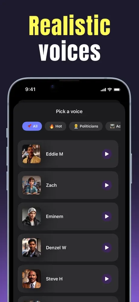 Voice Changer realistic voices selection interface showing celebrity voice options like Eddie M, Eminem, Denzel W with playback buttons