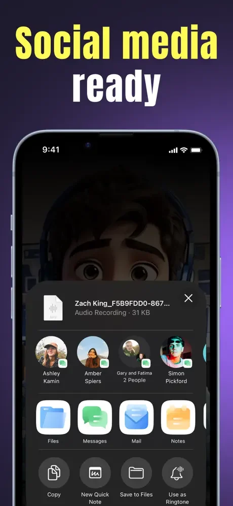 Voice Changer social media ready sharing interface displaying audio file details and social media contact and app integration shortcuts