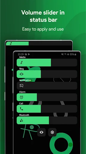 Green volume slider in status bar with Media, Ring, Notification, Alarm, Call, Bluetooth controls - personalization feature