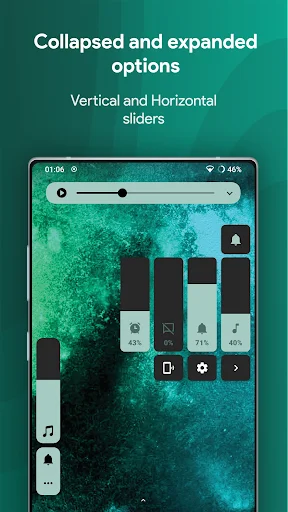 Vertical and horizontal collapsible volume sliders with percentage indicators and expanded customization options