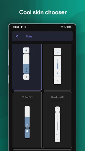 Skin chooser interface displaying ColorOS, RealmUI and other unique volume slider style design options