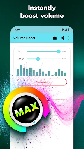 Volume Booster Android app interface showing Volume and Boost sliders at maximum levels with frequency visualization and MAX enhancement button