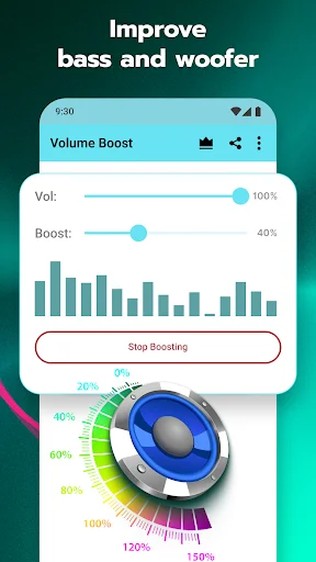 Volume Booster bass enhancement feature displaying woofer visualization with frequency level indicators and boost control slider settings