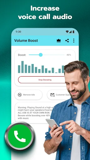 Volume Booster voice call audio enhancement screen with male user demonstration, Remove Ads button, and Customer Support option