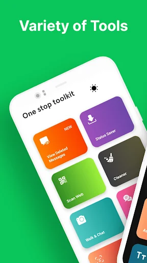 Variety of Tools screen displaying MultiBox Toolkit with colorful icons for View Deleted Messages, Status Saver, Cleaner, and Chat features