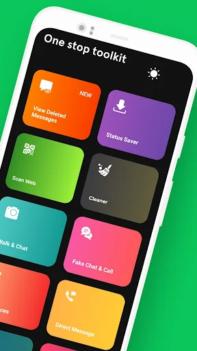One stop toolkit showing tools including View Deleted Messages, Status Saver, Cleaner, Walk & Chat, Fake Chat & Call, Direct Message