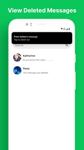 View Deleted Messages feature showing notification of deleted message from Peter with contact list and search functionality available