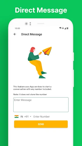 Direct Message feature to start conversations with any phone number using country code selector without saving contact first