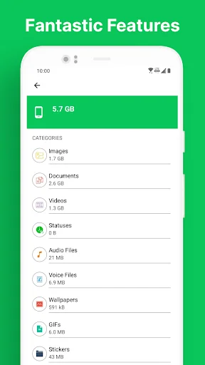 Fantastic Features file cleaner showing storage categories: Images, Documents, Videos, Audio Files, Wallpapers, GIFs, and Stickers