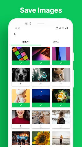 Save Images gallery with Recent and Saved tabs showing downloaded images and quick save functionality for easy organization