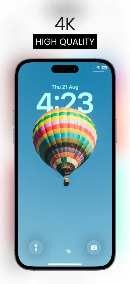 4K high-quality hot air balloon lock screen wallpaper displaying time and date with quick access utility buttons