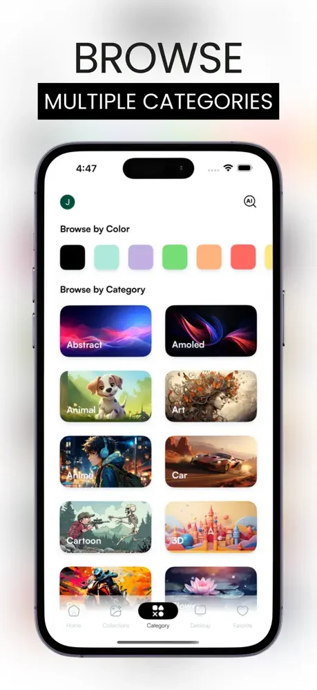 Browse 4K wallpapers by color palette and categories: Abstract, Amoled, Animal, Art, Anime, Car, and Cartoon themes