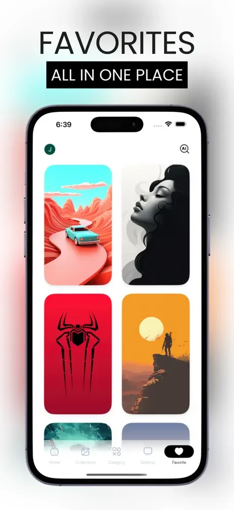 Favorites collection of saved 4K wallpapers displayed in personalized grid layout with quick access heart icon